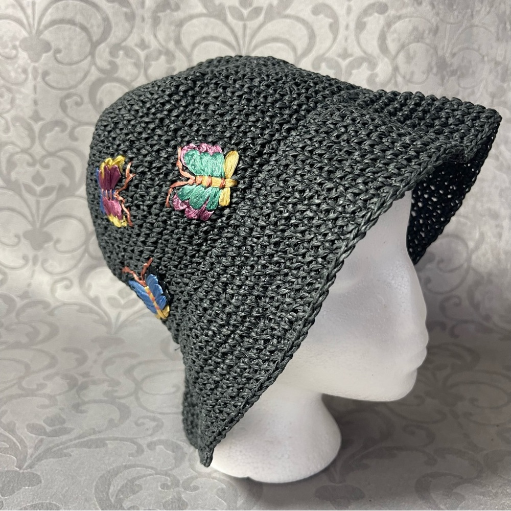 Scala Gal Charcoal Gray Paper Straw Crochet Embroidered Butterfly Bucket Hat